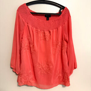 AB Studio Women Size XL Coral Blouse Top Embroidery Floral Fairy Sheer Lined